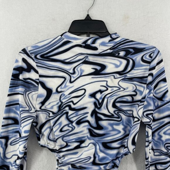 SheIn T Shirt Womens 4 Blue White Marble Print Tee Cut Out Round Neck Tie Side - Picture 10 of 12